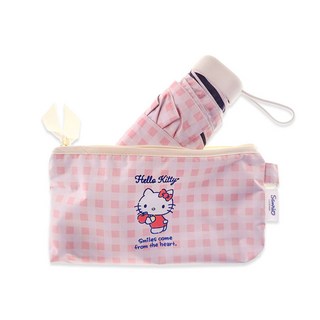 Sanrio 三麗鷗 Hello Kitty 扁平迷你格紋 防紫外線 遮光 5折晴雨兩用傘 MUHKU50004+傘套組