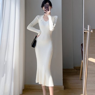 LUNAGIRL 女款Classy針織連身裙, 白色