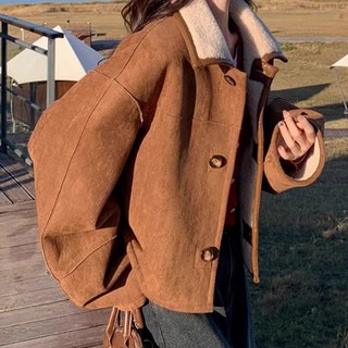 女款時尚潮流雙面穿羊毛麂皮騎士短版夾克