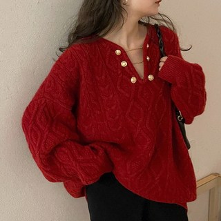 PEONIST 女款金色飾邊V領寬鬆版針織衫