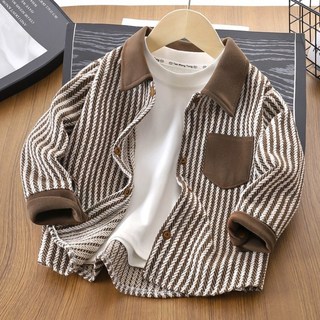 EYOUMONG 兒童寬鬆翻領撞色條紋長袖襯衫 E6S039