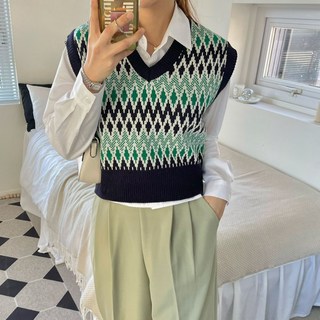 女性用 럽스 Joun 圖案撞色V領針織背心