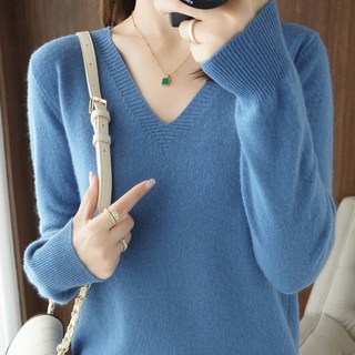 Goodif 女款柔軟V領針織毛衣 日常長袖保暖T恤
