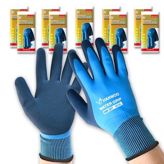 HANWOO 水感抓握 乳膠塗層 防水手套 HW-207, 藍色, 10組