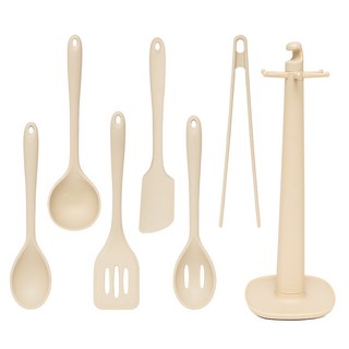 Le made 矽膠廚房料理用具6件套組 附支架, 湯杓+長柄湯杓+鍋鏟+抹刀+濾杓+夾子+支架, 象牙白, 1組