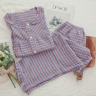 GLAM GONGGAM 夏爾芒雙色格紋荷葉邊兩件式長袖睡衣