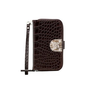 拉鍊鱷魚紋白色玫瑰鑽石日記式手機殼