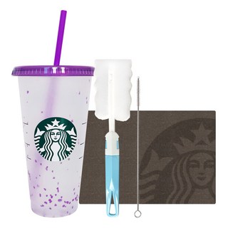 STARBUCKS 星巴克 夏季派對彩紙變色可重複使用冷飲杯 + 清潔刷禮物套組, 紫色(冷飲杯), 隨機發貨(清潔刷), 710ml, 1個