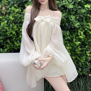 MarketA 女款大蝴蝶結雪紡露肩透視迷你連身裙, 象牙白