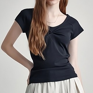 ViVEMO 女款甜美羅紋袖抓皺T恤 10474