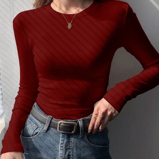 Dimeldi 女款羅紋圓領修身基本款長袖T恤