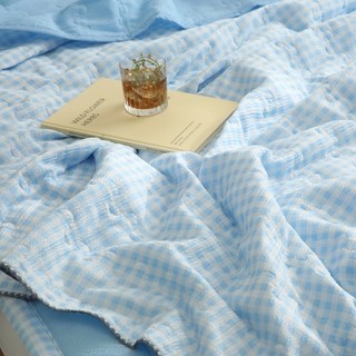 格紋涼感泡泡紗薄被, 藍色