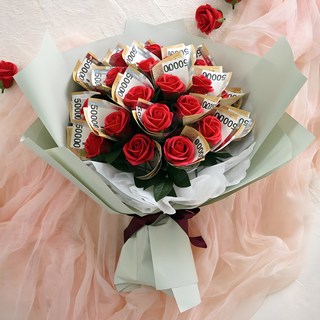 morningscent 仿真鈔票花束 20朵 + LED燈飾 + 購物袋 + 明信片 1張 (款式隨機), 紅色, 1個