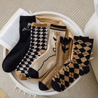 WODEMI [1 套 5 件] 女式桃色拉絲黑色棕色鬱金香格紋插圖厚頸襪 適合冬季女裝 W648