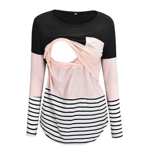 撞色條紋長袖哺乳上衣