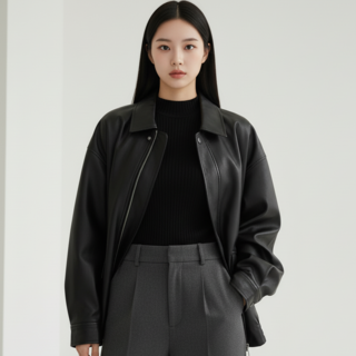 MARKETPIA 女款春秋拉鍊皮革夾克