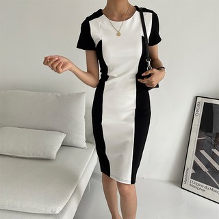 ViVEMO 撞色修身短袖連身裙 00194, 黑色 + 白色