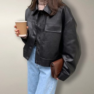 Murielle 女款百搭翻領皮革短版夾克