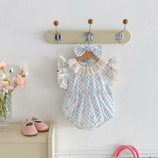 스타도어 유아용 레이스 체크 플라워 바디수트 + 헤어밴드 세트