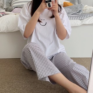 Elsso 女款居家服短袖+長褲微笑格紋睡衣上下套裝