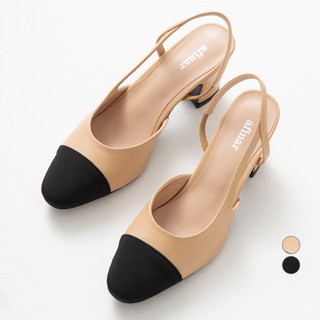 阿菲納爾 圓頭雙色拼接露跟鞋 (6公分粗跟)
