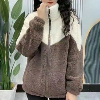 PDS Fashion 女款冬季撞色雙面刷毛羊羔絨外套