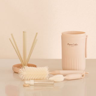 맘앤리틀 베이비 휴대용 젖병 클리닝 세트, 젖병건조대 + 젖병세척솔 + 젖꼭지세척솔 + 빨대세척솔 + 젖병세정제 용기, 소프트 피치