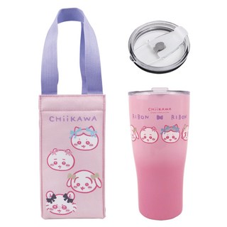 Chiikawa 吉伊卡哇 曲線杯保溫提袋組 10 x 8 x 20.2cm, 粉色, 1套, 900ml