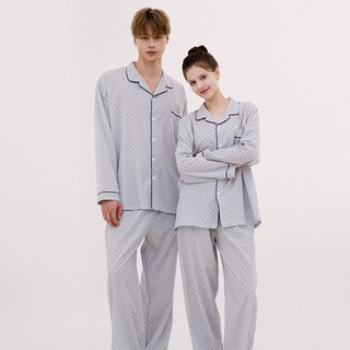 DOSSY 情侶款絲質合身小圓點長袖翻領睡衣上下套裝 D-3703