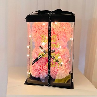 樂芙莉農場 人造花玫瑰熊 小 + 專用盒 + LED燈泡 + 字母貼紙 + 緞帶裝飾 套組, 粉紅色 + 求婚