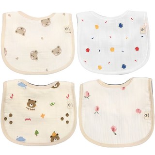 LuxuryBaby 6層皺褶紗布圍兜 基本款 D套組, 4件, 1組, 愛心熊 + 森林熊 + 彩色圓點 + 水蜜桃