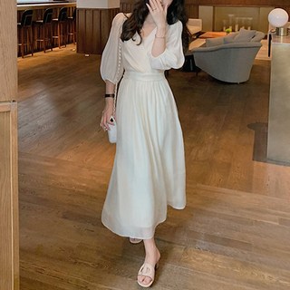 POPLAR NC 女款V領長袖連身裙, 白色的