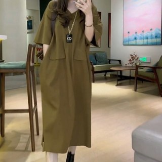Elso 夏季日常穿搭修飾身形寬鬆版短袖長版連身裙, 卡其色