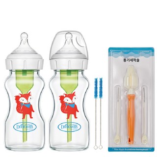 닥터브라운 신생아용 와이드넥 유리젖병 데코 270ml x 2p 2단계 + 통기세척솔 세트, 혼합색상, 1세트
