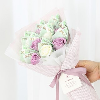 LAVINA 10朵香皂玫瑰鈔票花束 + 提袋組, 鬆餅紫(花束), 1套