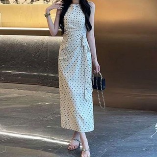 TheSirup 女款側邊抓皺復古圓點長版連身裙, 白色