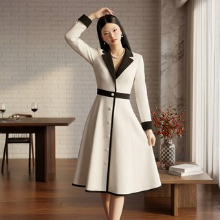 ViVEMO Chamois 經典撞色西裝領中長版洋裝 12460, 白色
