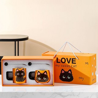 永遠與你同在 喬遷禮物 生日禮物 Love My Sweet Cat 馬克杯 380ml + 400ml + 攪拌棒 2入 + 禮品包裝組, 1套, 橘色