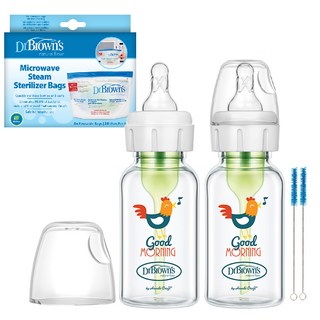 닥터브라운 루스터 내로우넥 젖병 120ml 2p + 젖꼭지 2p + 세척솔 2p + 스팀백 5p 세트, 혼합색상, 1세트
