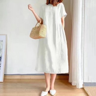 PEONIST 寬鬆Plus短袖長版連身裙 含大尺碼, 白色
