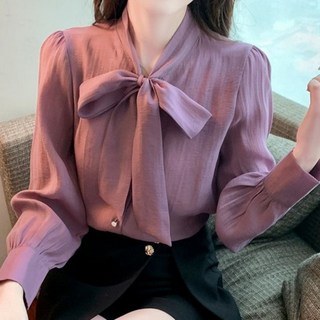 I'M MONG 女款修身綁帶蝴蝶結燈籠袖襯衫 R6S005