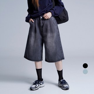 Cotton Closet 女款百慕達寬版五分側帶捏褶水洗丹寧牛仔短褲