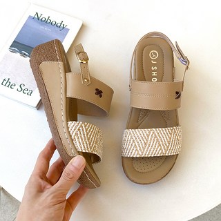 J SHOE 女士牛皮伊莎貝爾厚底露跟涼鞋 5.5cm, 米色, 245