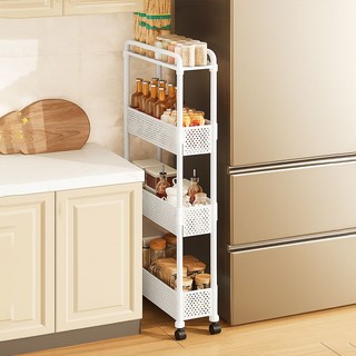 GAGU FEELING 纖薄移動式手推車層架 窄縫收納櫃 4層 400, 白色