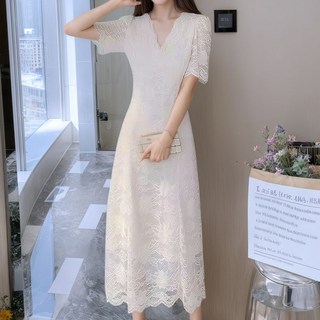 ViVEMO Celty 婚紗蕾絲深V領長洋裝 10761, 象牙白