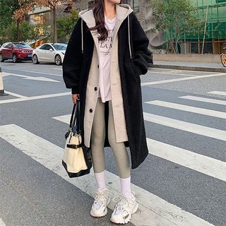 女款時尚潮流冬季風格層次感連帽長版羊羔毛保暖大衣