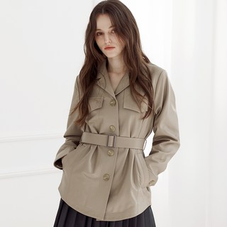 Shinbi 女款羊皮附腰帶襯衫式皮革夾克 KSJK240105