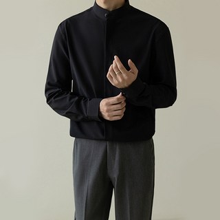 男士時尚潮流簡約亨利領修身版長袖襯衫