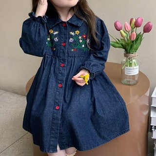 Iyumong 童裝 Douvier 丹寧花朵刺繡長袖傘狀洋裝