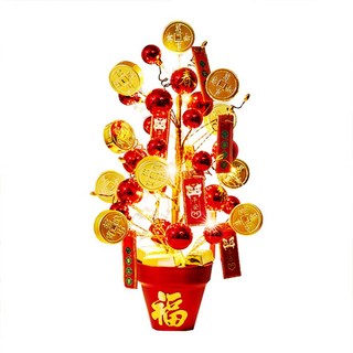摩達客 春節開運招財 紅福招財幣金磚發財樹擺飾+50銅線usb 節慶裝飾, 暖白光